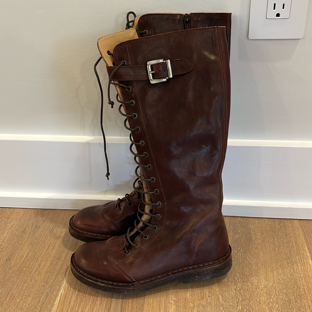 Pepe European brand tall boots with zipper closure and lace up style